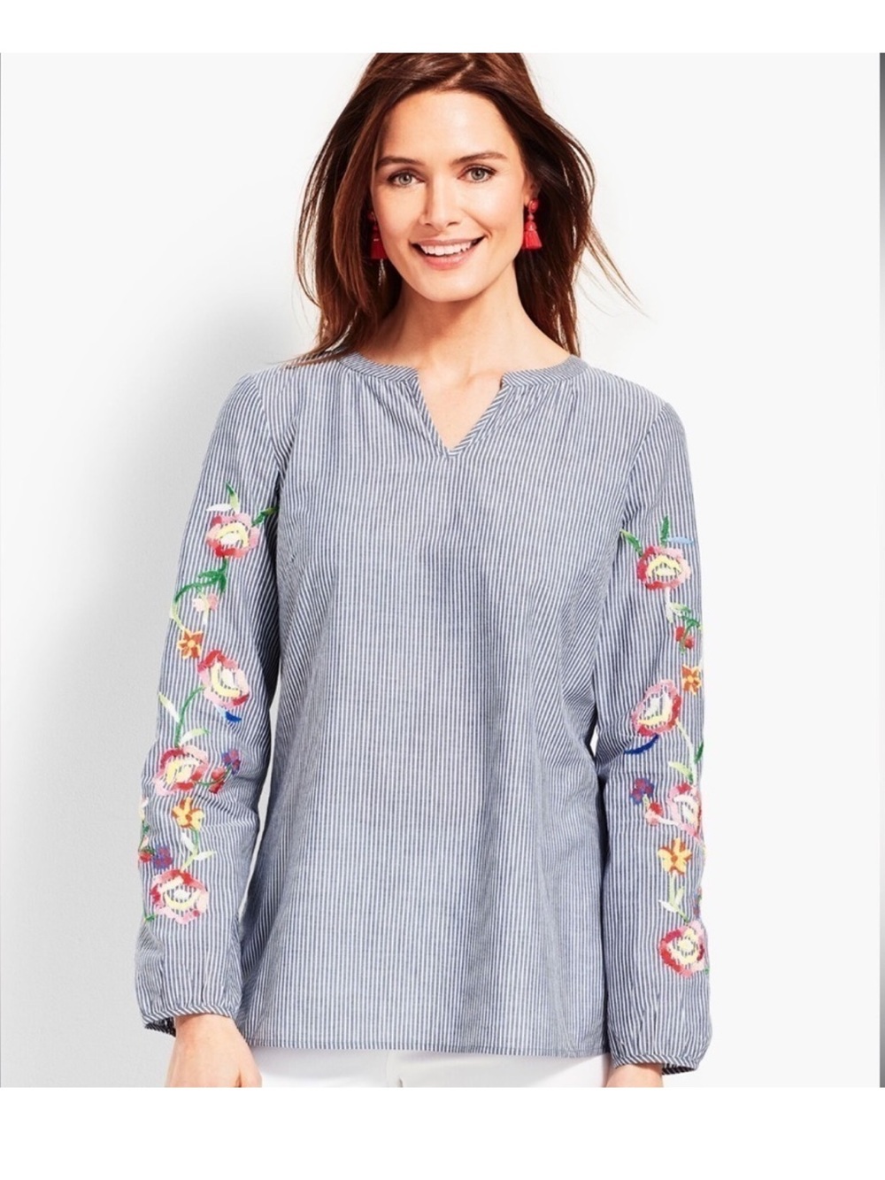 Talbots Blue White Stripe Embroidered Floral Sleeve Blouse Top 2XP boho peasant